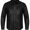 Back view of men’s black leather shirt jacket made from premium cowhide leather