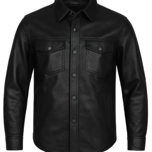 Back view of men’s black leather shirt jacket made from premium cowhide leather
