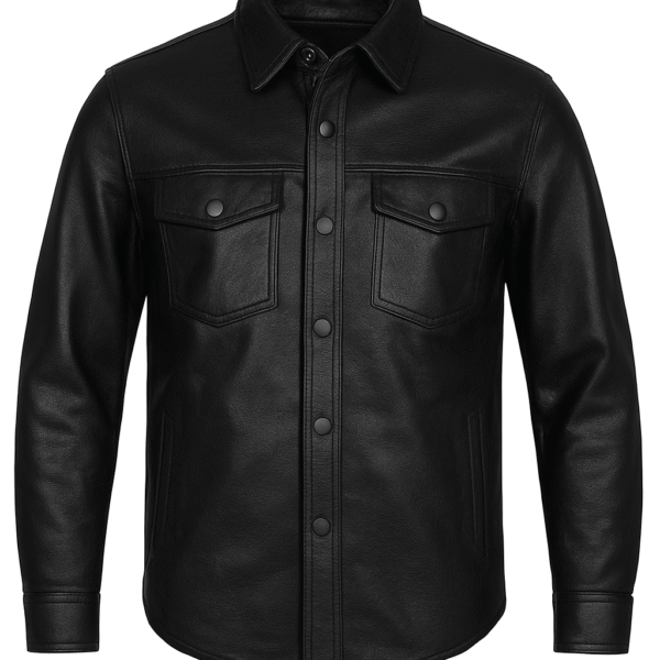 Back view of men’s black leather shirt jacket made from premium cowhide leather