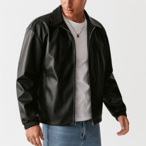 Mens faux leather shirt jacket in black with zip up front casual lightweight PU outerwear