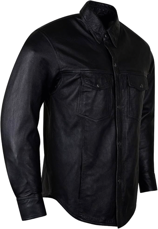 Side view of men’s black leather shirt jacket with dual chest pockets and button closure